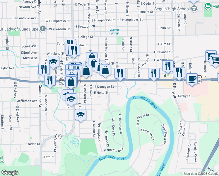 map of restaurants, bars, coffee shops, grocery stores, and more near 615 East Donegan Street in Seguin