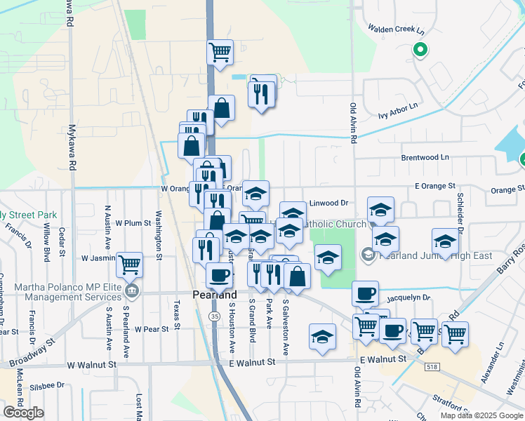 map of restaurants, bars, coffee shops, grocery stores, and more near 2118 Park Avenue in Pearland