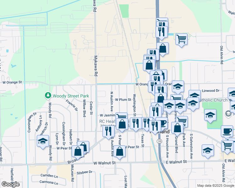 map of restaurants, bars, coffee shops, grocery stores, and more near 2132 North Pearland Avenue in Pearland