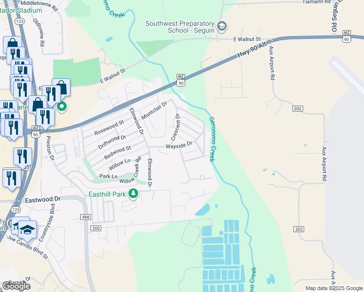 map of restaurants, bars, coffee shops, grocery stores, and more near 1907 Wayside Drive in Seguin