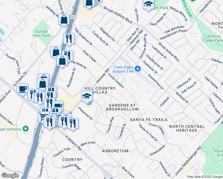 map of restaurants, bars, coffee shops, grocery stores, and more near 1202 Tranquil Trail Drive in San Antonio