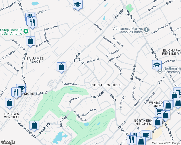 map of restaurants, bars, coffee shops, grocery stores, and more near 13843 Winding Hill in San Antonio