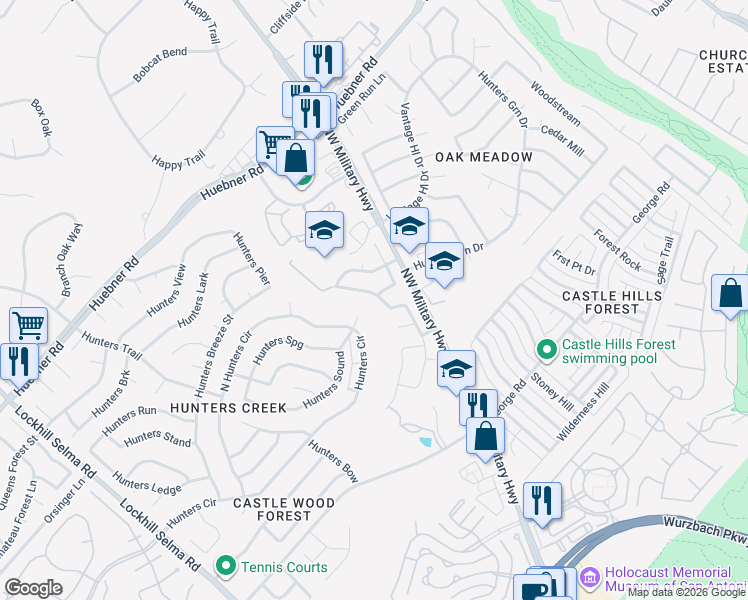 map of restaurants, bars, coffee shops, grocery stores, and more near 13903 Hunters Hawk in San Antonio