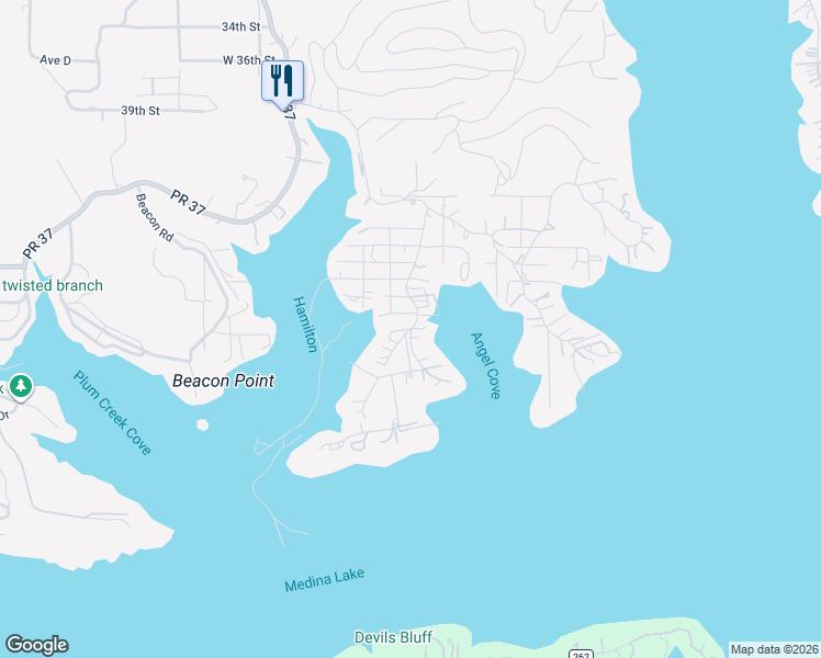 map of restaurants, bars, coffee shops, grocery stores, and more near 124 Lone Star Trail in Lakehills
