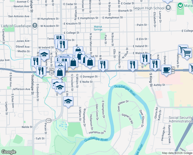 map of restaurants, bars, coffee shops, grocery stores, and more near 615 East Donegan Street in Seguin