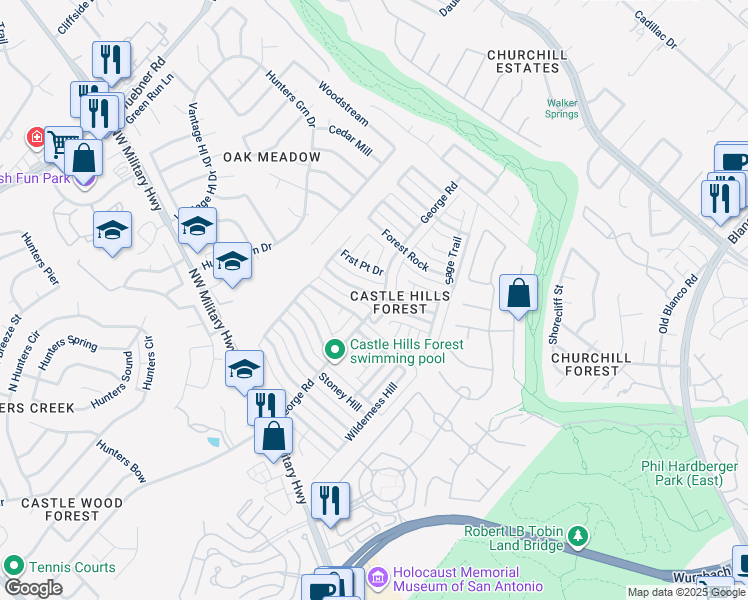 map of restaurants, bars, coffee shops, grocery stores, and more near 13703 Castle Grove Drive in San Antonio