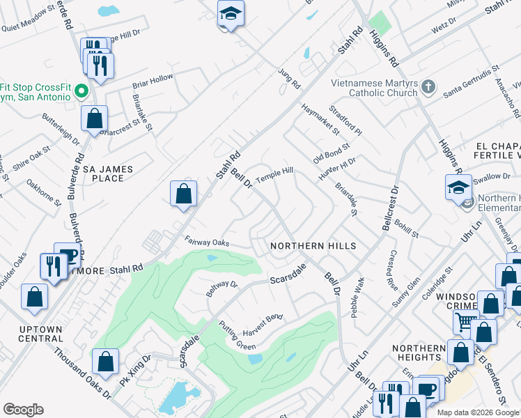 map of restaurants, bars, coffee shops, grocery stores, and more near 13843 Winding Hill in San Antonio