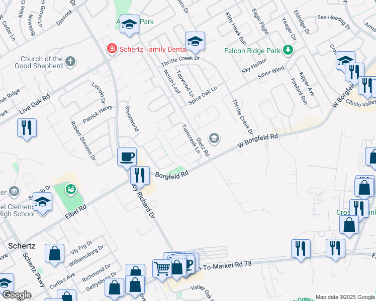 map of restaurants, bars, coffee shops, grocery stores, and more near 1020 Gate Creek Lane in Schertz