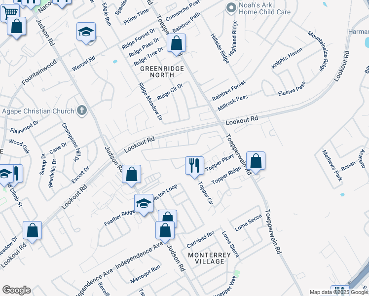 map of restaurants, bars, coffee shops, grocery stores, and more near 6414 Melanzane Avenue in San Antonio