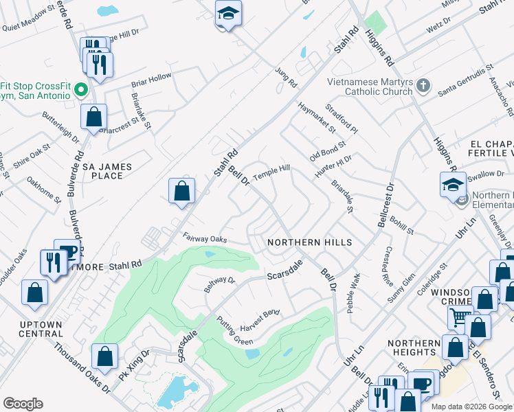 map of restaurants, bars, coffee shops, grocery stores, and more near 13843 Winding Hill in San Antonio