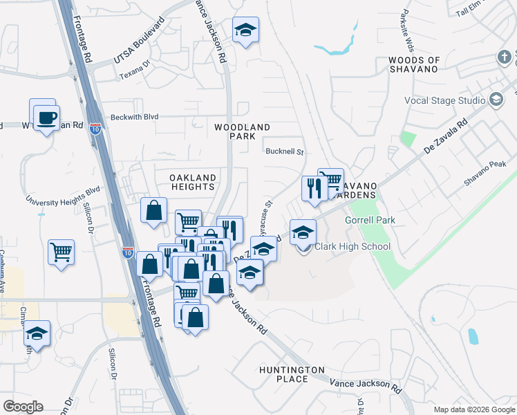 map of restaurants, bars, coffee shops, grocery stores, and more near 13514 Chappel View in San Antonio