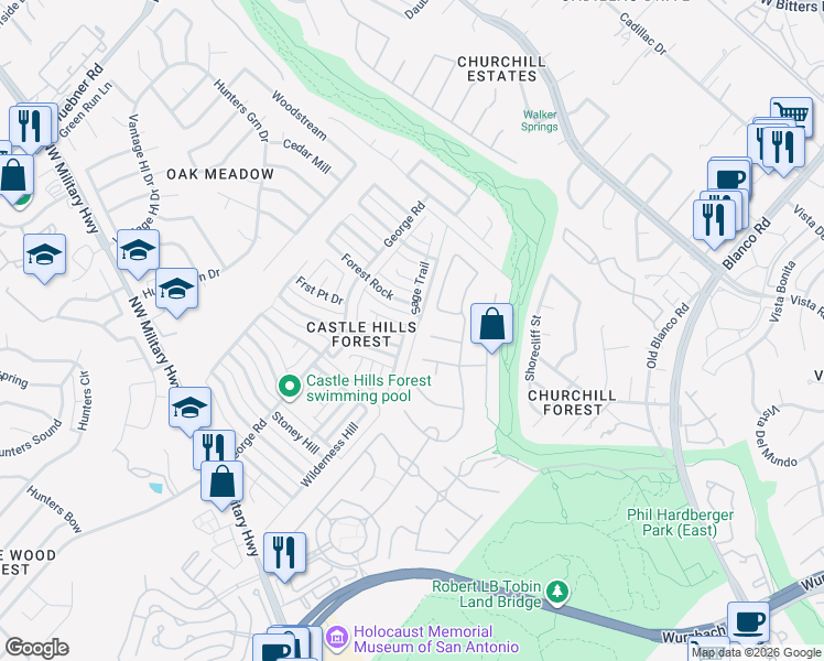 map of restaurants, bars, coffee shops, grocery stores, and more near 2210 Knights Wood in San Antonio