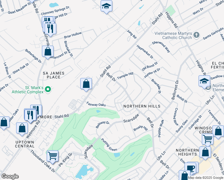map of restaurants, bars, coffee shops, grocery stores, and more near 14106 Fairway Glen in San Antonio