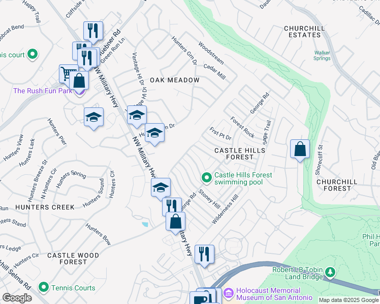 map of restaurants, bars, coffee shops, grocery stores, and more near 13746 Wood Point in San Antonio