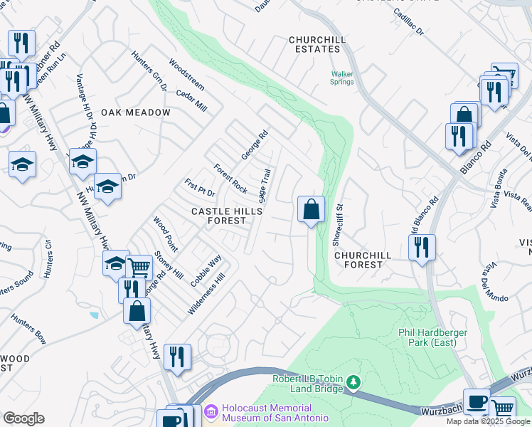 map of restaurants, bars, coffee shops, grocery stores, and more near 2210 Knights Wood in San Antonio
