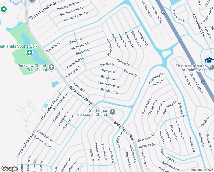 map of restaurants, bars, coffee shops, grocery stores, and more near 32 Bannerwood Lane in Palm Coast