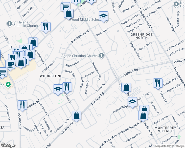 map of restaurants, bars, coffee shops, grocery stores, and more near 13819 Cane Drive in San Antonio