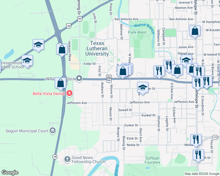 map of restaurants, bars, coffee shops, grocery stores, and more near 1015 Baker in Seguin