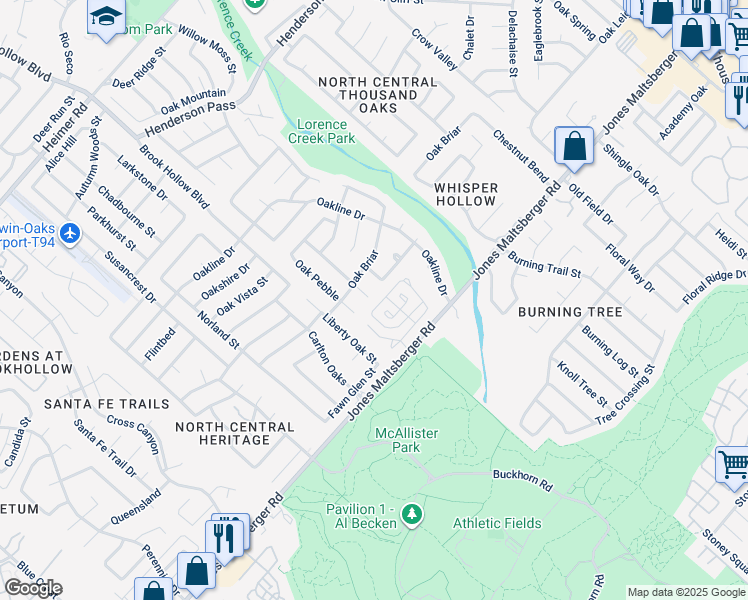 map of restaurants, bars, coffee shops, grocery stores, and more near 13603 Oak Cabin in San Antonio