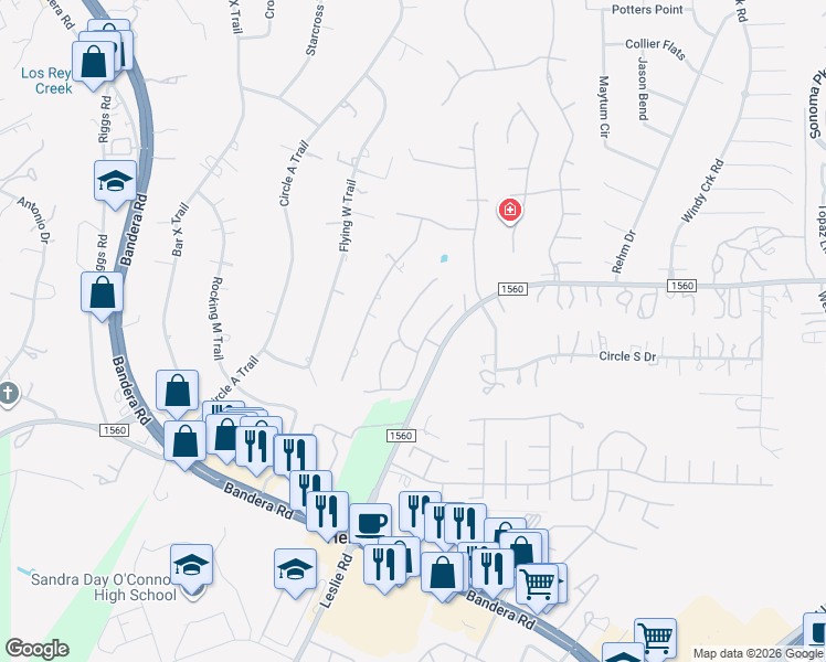 map of restaurants, bars, coffee shops, grocery stores, and more near 13501 Windmill Trace in Helotes