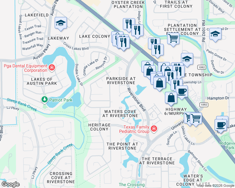 map of restaurants, bars, coffee shops, grocery stores, and more near 5003 Windshire in Missouri City