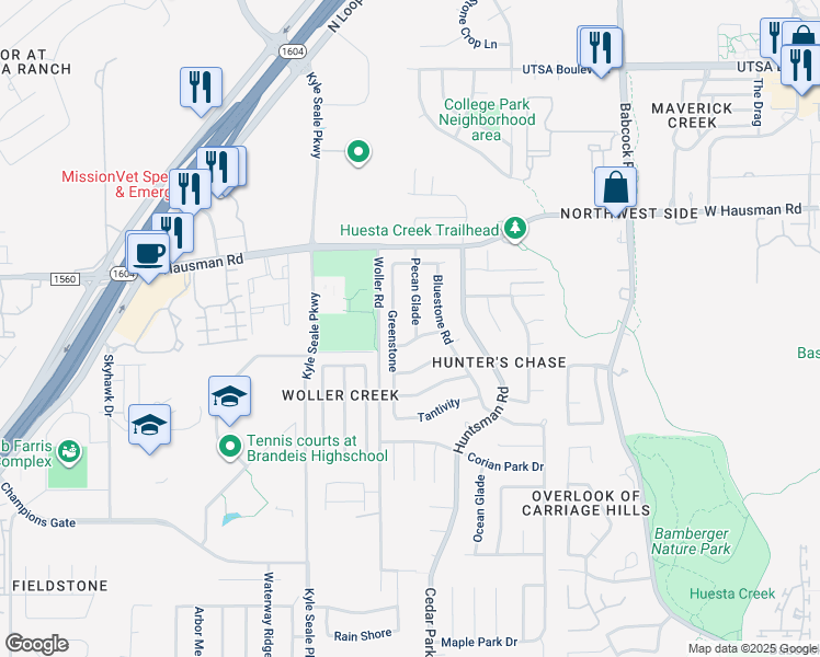 map of restaurants, bars, coffee shops, grocery stores, and more near 13311 Pecan Glade in San Antonio