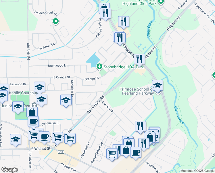 map of restaurants, bars, coffee shops, grocery stores, and more near 3034 Ripple Bend Court in Pearland