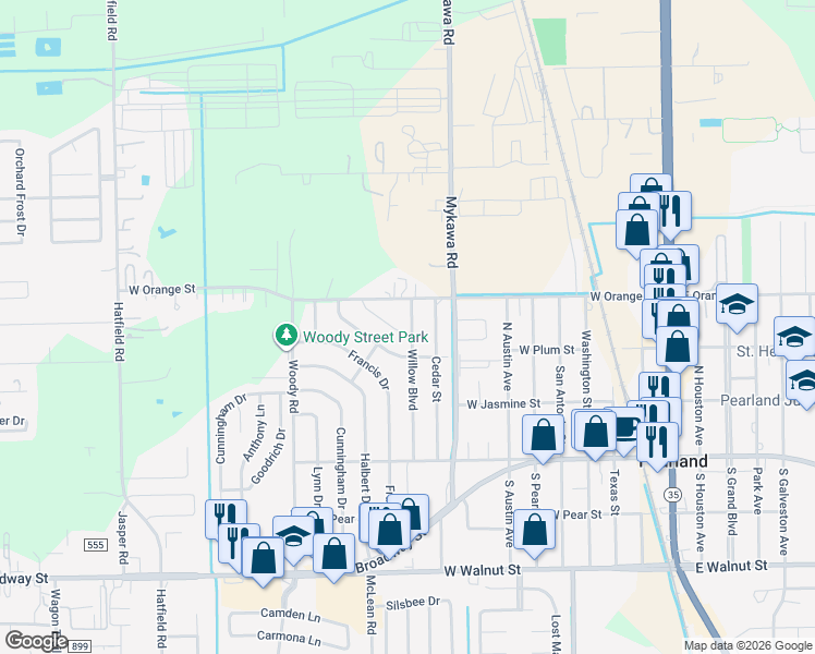 map of restaurants, bars, coffee shops, grocery stores, and more near 4801 Elm Street in Pearland