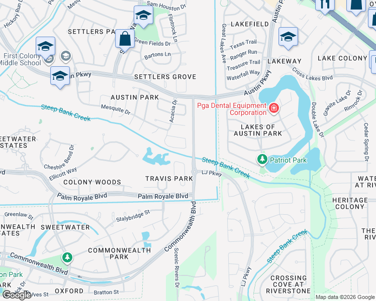 map of restaurants, bars, coffee shops, grocery stores, and more near 3630 Acacia Drive in Sugar Land