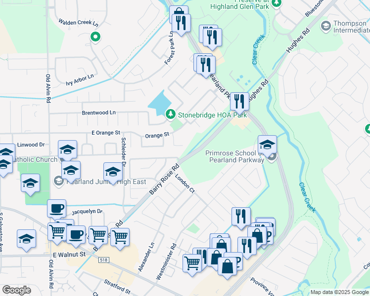 map of restaurants, bars, coffee shops, grocery stores, and more near 3026 Ripple Bend Court in Pearland