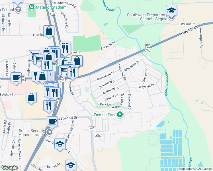 map of restaurants, bars, coffee shops, grocery stores, and more near 1647 Driftwood Drive in Seguin