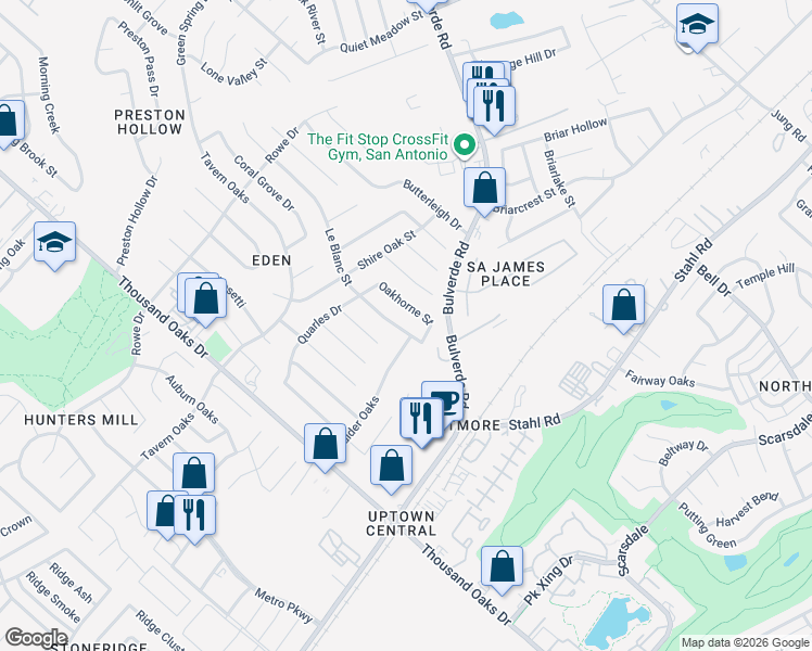 map of restaurants, bars, coffee shops, grocery stores, and more near 3535 Le Blanc Street in San Antonio