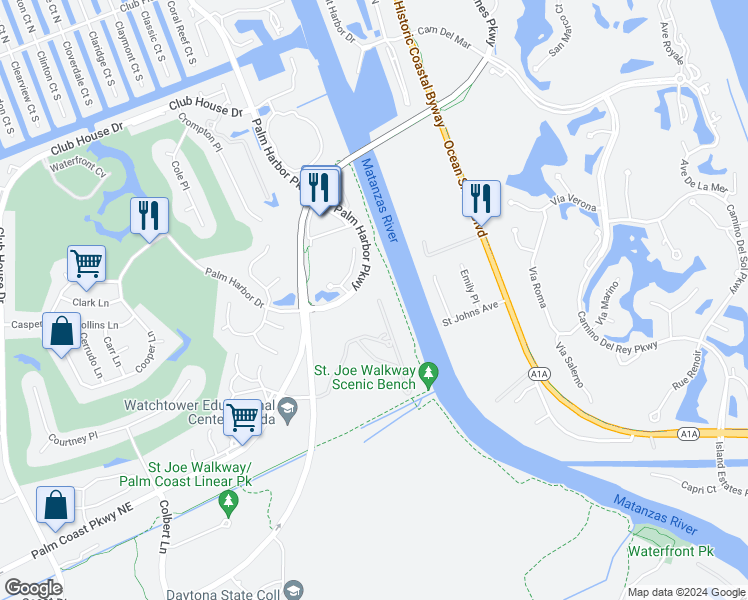 map of restaurants, bars, coffee shops, grocery stores, and more near 800 Canopy Walk Lane in Palm Coast