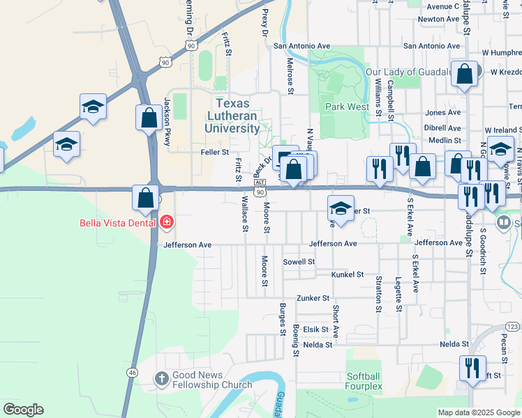 map of restaurants, bars, coffee shops, grocery stores, and more near 1104 Jefferson Avenue in Seguin