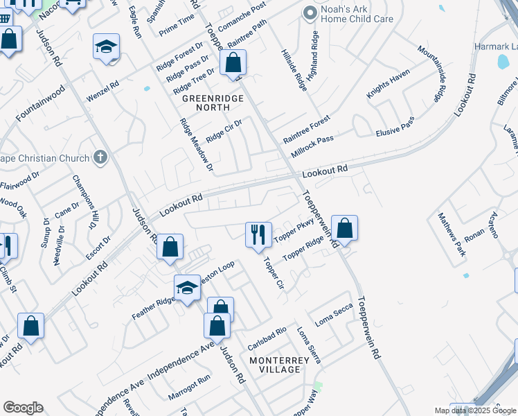 map of restaurants, bars, coffee shops, grocery stores, and more near 6519 Marcel Way in San Antonio