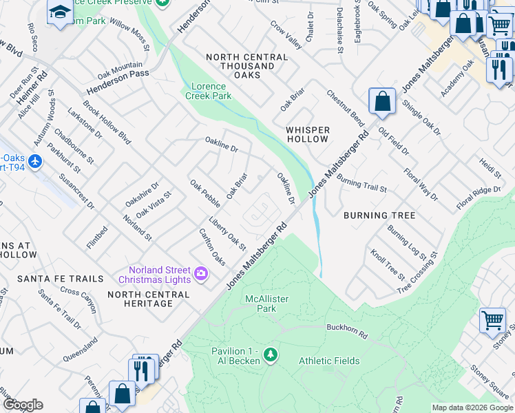 map of restaurants, bars, coffee shops, grocery stores, and more near 13603 Oak Cabin in San Antonio