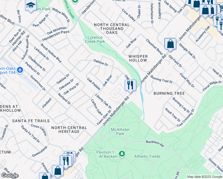 map of restaurants, bars, coffee shops, grocery stores, and more near 13603 Oak Cabin in San Antonio