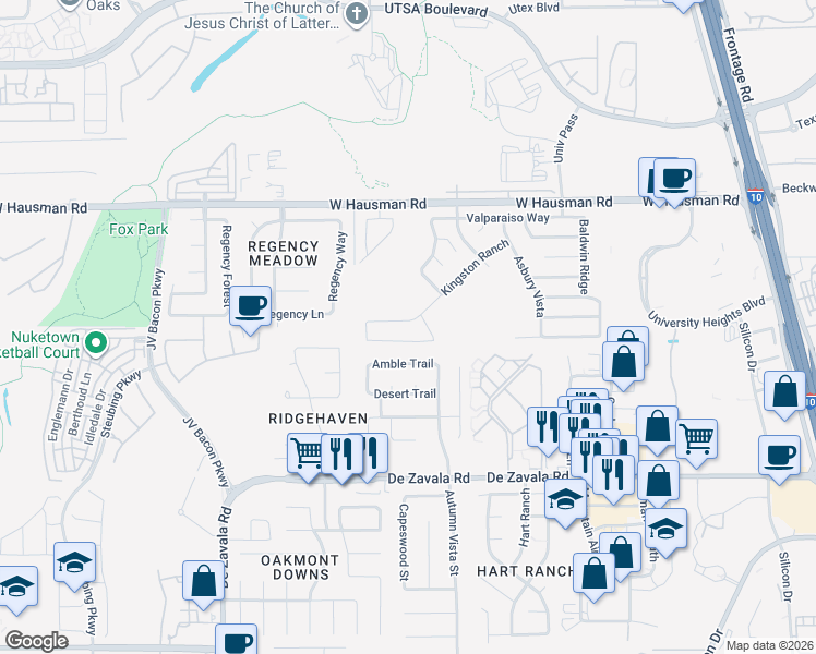 map of restaurants, bars, coffee shops, grocery stores, and more near 6103 Amherst Bay in San Antonio