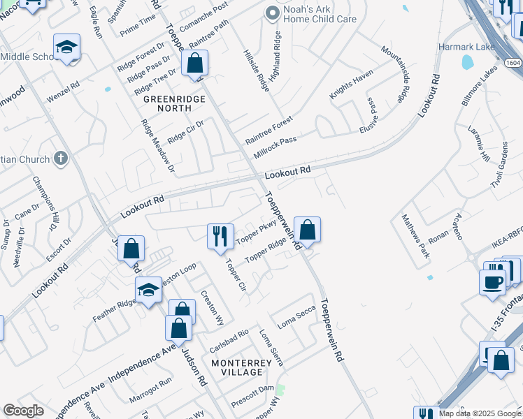 map of restaurants, bars, coffee shops, grocery stores, and more near 6635 Topper Parkway in San Antonio