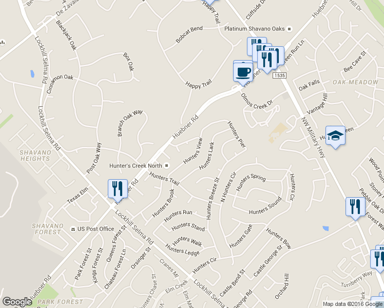 map of restaurants, bars, coffee shops, grocery stores, and more near 13243 Hunters View in San Antonio