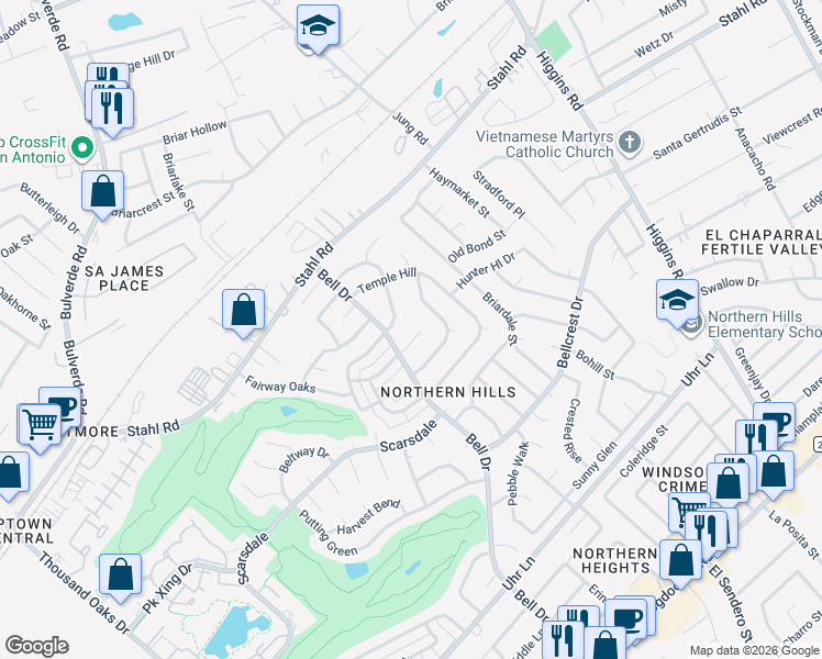 map of restaurants, bars, coffee shops, grocery stores, and more near 13915 Brays Forest in San Antonio