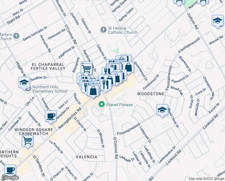 map of restaurants, bars, coffee shops, grocery stores, and more near 13908 O'Connor Road in San Antonio