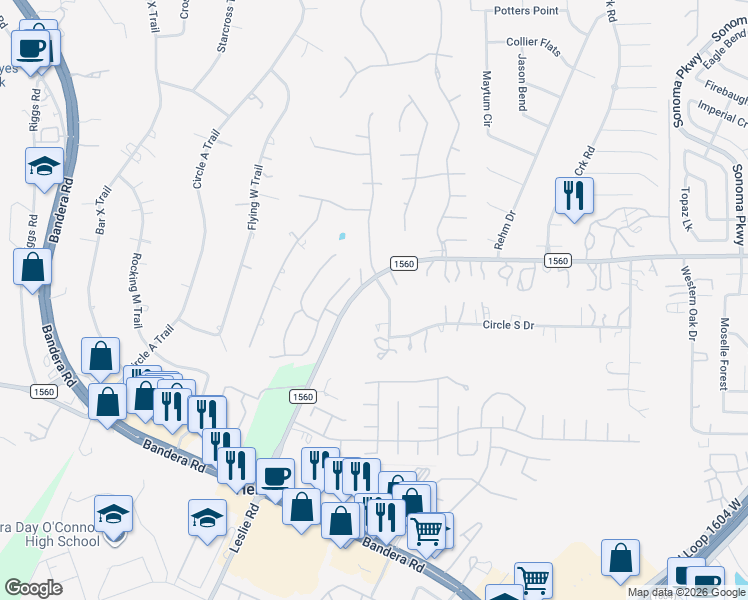 map of restaurants, bars, coffee shops, grocery stores, and more near 13425 Circle North Drive West in Helotes