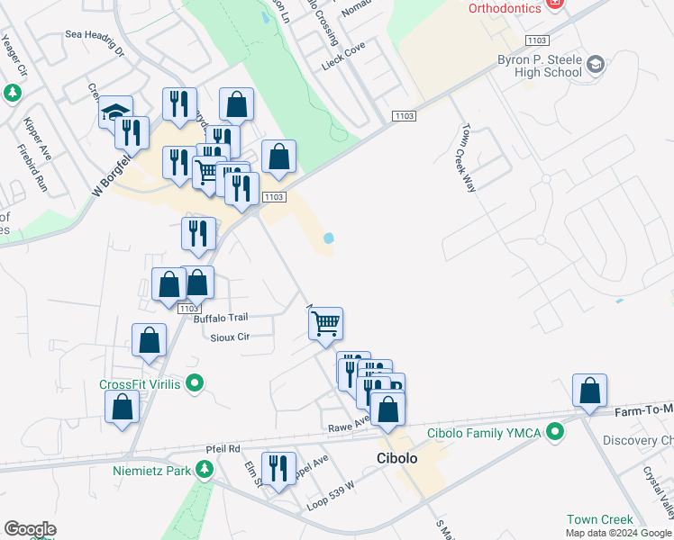 map of restaurants, bars, coffee shops, grocery stores, and more near 489 North Main Street in Cibolo