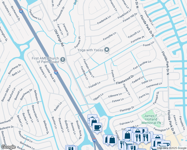 map of restaurants, bars, coffee shops, grocery stores, and more near 61 Fountain Gate Lane in Palm Coast