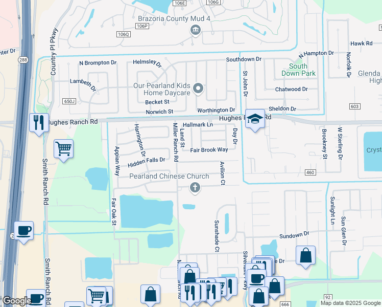 map of restaurants, bars, coffee shops, grocery stores, and more near 9812 Fair Brook Way in Pearland