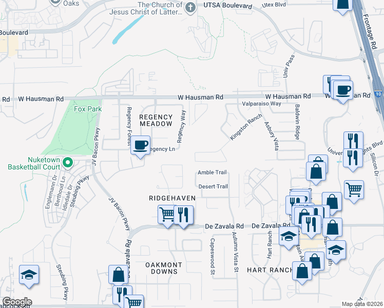 map of restaurants, bars, coffee shops, grocery stores, and more near 13111 Neumann Cove in San Antonio
