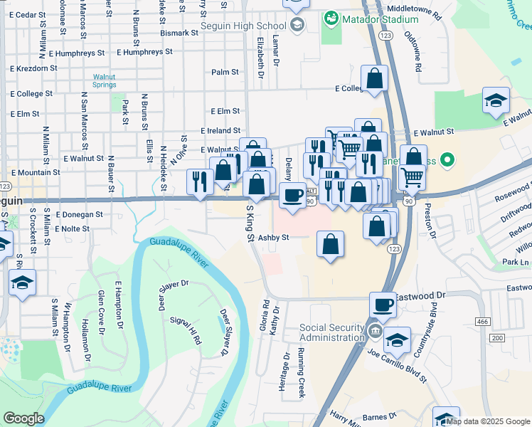 map of restaurants, bars, coffee shops, grocery stores, and more near 128 South Moss Street in Seguin