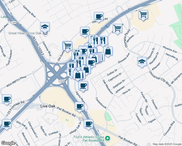 map of restaurants, bars, coffee shops, grocery stores, and more near 8234 Agora Parkway in Selma
