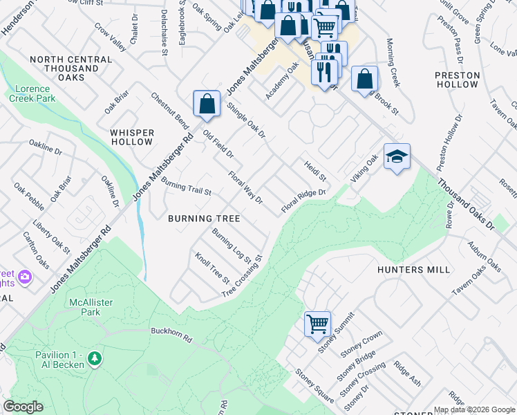 map of restaurants, bars, coffee shops, grocery stores, and more near 2918 Floral Way Drive in San Antonio